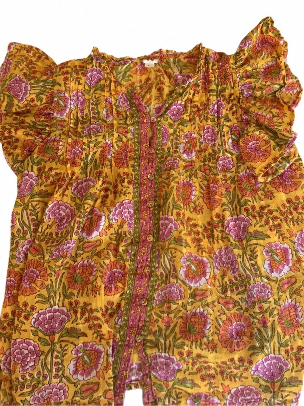 Ivy Jane Yellow Pink Floral Block Print Flutter Sleeve Button Front Blouse S